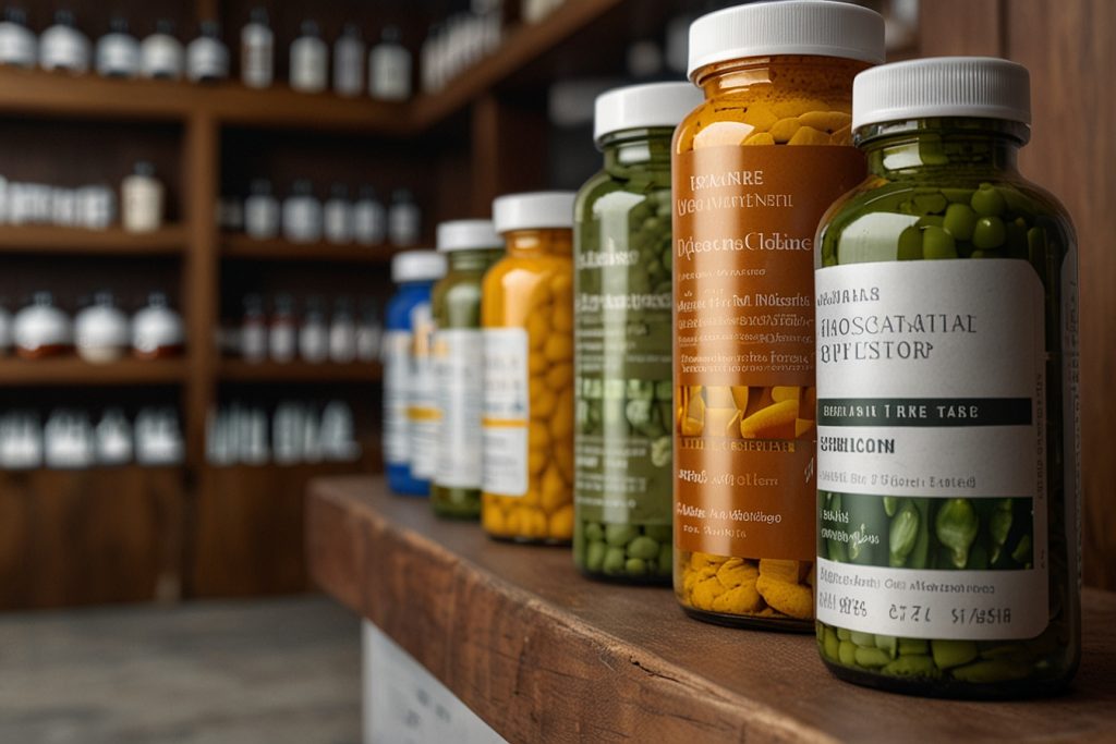 shelving with joint supplements in bottles